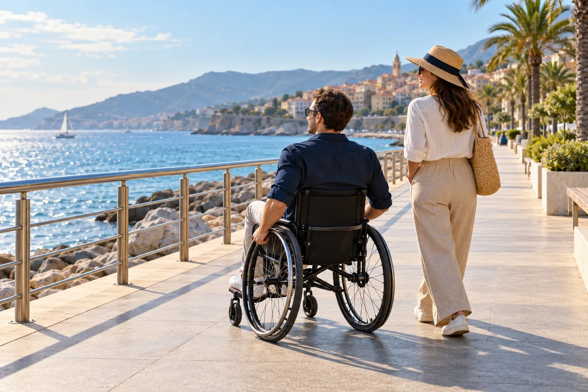 Illustrative scene: wheelchair traveller on a level seaside promenade