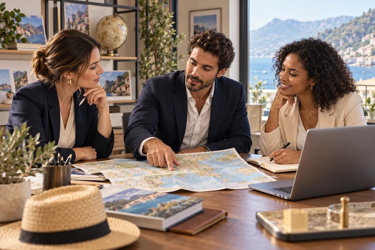 Illustrative scene: travel professionals planning a journey together